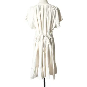 Pact Gauze Midi Dress 100% Organic Cotton Ivory V-Neck Ruffle Hem Tie Back XL thumbnail 4