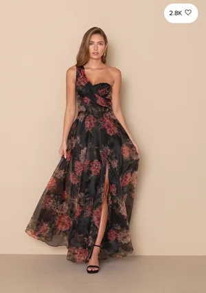 New Lulus Black Floral Organza One-Shoulder Maxi Dress Size XL MSRP $138 thumbnail 4