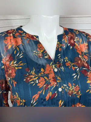 Frye Floral Metallic Jacquard Sheer Blouse Teal Blue Burnt Orange Large Boho thumbnail 5