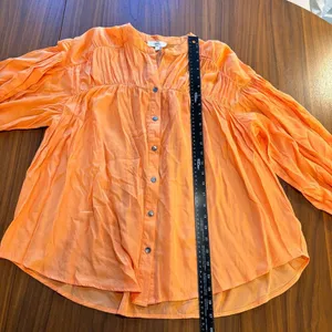 Entro Bright Apricot Orange Puff Sleeve Blouse Button Front Semi Sheer Size S thumbnail 5