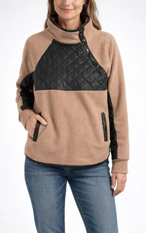 Abercrombie & Fitch Taupe Brown Sherpa Fleece Faux Leather Pullover Womens Small thumbnail 1