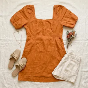 Madewell‎ Maisie Square Neck Linen Mini Dress Orange Marigold Size 14 thumbnail 1