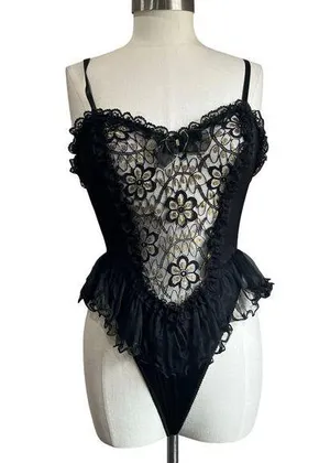 Midnight Hour 90s Vintage Dark Fairy Lace Black & Gold Bodysuit With Sheer Flouncy Tutu Size M thumbnail 1