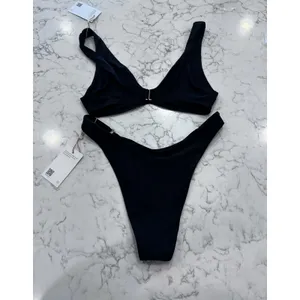 NWT Quince Black Italian Plunge Bikini Top & High-Leg Ring Bikini Bottom Set Med thumbnail 2