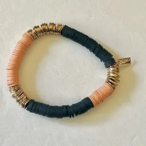 Canvas blue gold tone and peach stretchy clay disc bracelet thumbnail 2