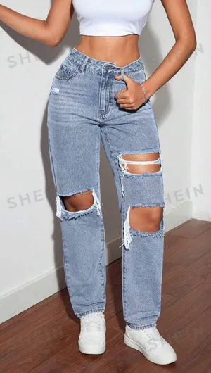 SheIn High Rise Ripped Straight Jeans thumbnail 1
