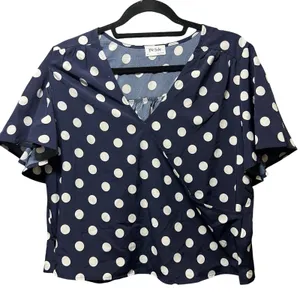 Love Sadie Polka Dot‎ Surplice Blouse Navy Blue White Flutter Sleeve Large thumbnail 1
