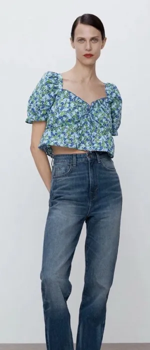 Zara Blue Green Floral Cropped Ruffle Short‎ Sleeve Cotton Blouse Large thumbnail 1