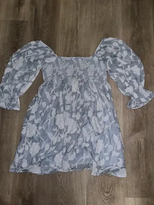 Blue and white floral mini dress with long sleeve ruffle thumbnail 2