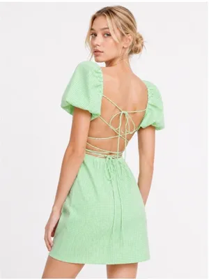 Zara Green Gingham Puff Sleeve Mini Dress in size Medium. thumbnail 2