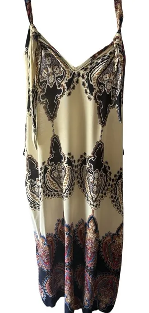 Women’s M Paisley Slip Dress Beige Black Blue Orange V-Neck Strappy Knee thumbnail 1