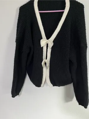 SHEIN Black & Cream Bow-Trim Cardigan Sweater - Women's size M thumbnail 3