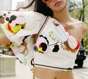 ZARA Multicolor Printed Asymmetrical One Shoulder Crop‎ Top S 100% Cotton thumbnail 1