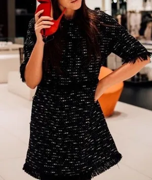 Zara Black Fringe Tweed Textured Knit Wide Sleeve Aline Mini Dress Medium thumbnail 7