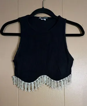 Zara Black Ribbed Crop Top with Rhinestone Fringe Hem Size L thumbnail 1
