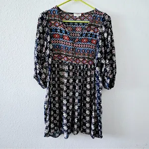 Umgee Navy Boho Aztec Print Mini Dress 3/4 Sleeve Babydoll Tunic Size Medium thumbnail 5