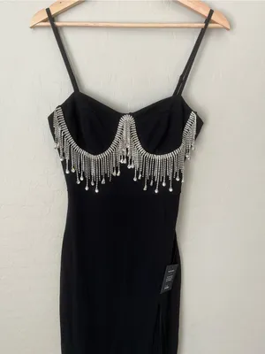 Lulus Divine Extravagance Black Rhinestone Fringe Bustier Maxi Dress Black NEW M thumbnail 5