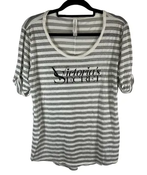 Victorias Secret Supermodel Essentials Striped Silver‎ Metallic Logo Top Medium thumbnail 1