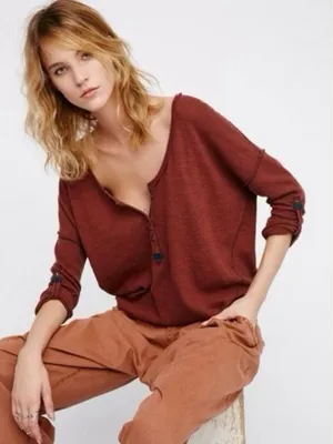 Free People We The Free Beach Haven Henley Long Sleeve Top Boho Slouchy Oversize thumbnail 1