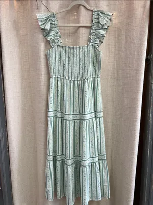 Blu Pepper Stripe Floral Pattern Smocked Tiered Midi Dress Last One Size Large thumbnail 6