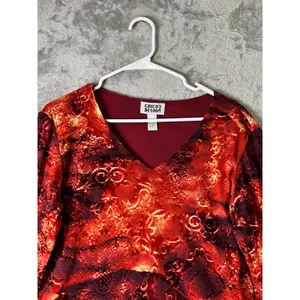 Vintage Y2k Velvet Floral Mesh Top Boho VNeck Long Sleeve Red Orange Medium thumbnail 2
