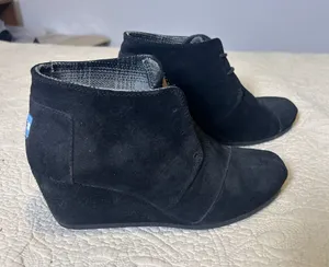 Toms Black Suede Lace-Up Ankle Booties with Tan Logo Patch thumbnail 1