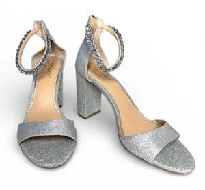 Jewel Badgley Mischka Silver Glitter‎ Strappy Block Heels Women's Size 8.5 thumbnail 1