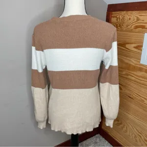 Le lis Brown White Tan Striped Colorblock Balloon Sleeve Crewneck Sweater Small thumbnail 3