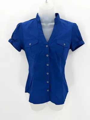 Express Blouse Women’s XS Cobalt Blue Essential Stretch Button Up Preppy Top thumbnail 1