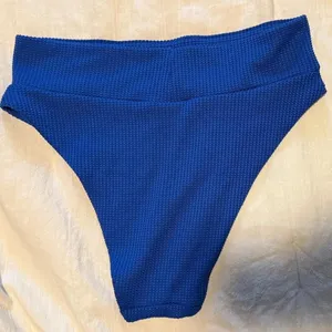 Aerie LG cheeky cut high waisted Blue ribbed swimsuit bottoms summer swim thumbnail 2