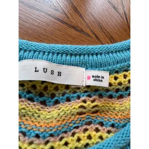LUSH Blue Yellow Multi Crochet Knit Bell Sleeve Sweater Top Size M‎ thumbnail 3