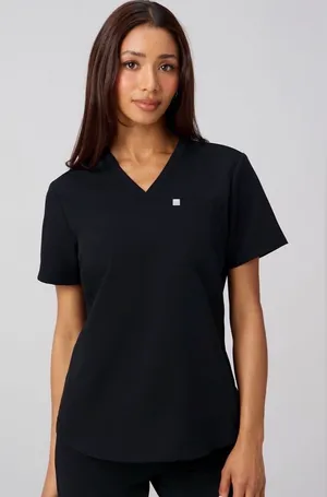 FABLETICS Women’s Med Athletic V-Neck Scrub Top Solid Black Short Sleeve thumbnail 1