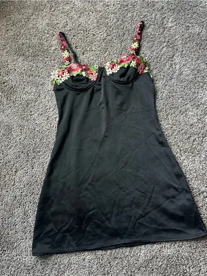 NanaMacs Black Mini Dress with Pink & Green Floral Appliqué thumbnail 2