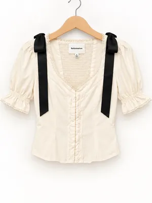 Reformation Inara Top Cream Gossamer Puff Sleeve Black Ribbon Bow Top Size 0 thumbnail 4
