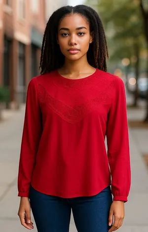 Forever‎ 21 Womens Blouse Size Small Red 80s Mom Lace Neckline Long Sleeves thumbnail 1