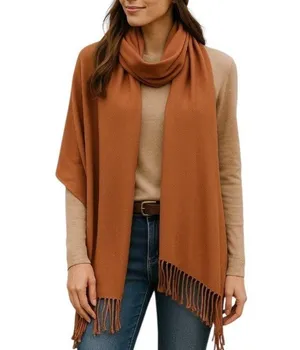 Women’s Bundle 3 Oblong Scarfs Solid Neutral Color Fringe Tan Orange Brown Tan thumbnail 1