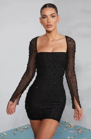 Oh Polly NWT MILAN Long Sleeve Embellished Corset Mini Dress in Black. Size 8 thumbnail 5