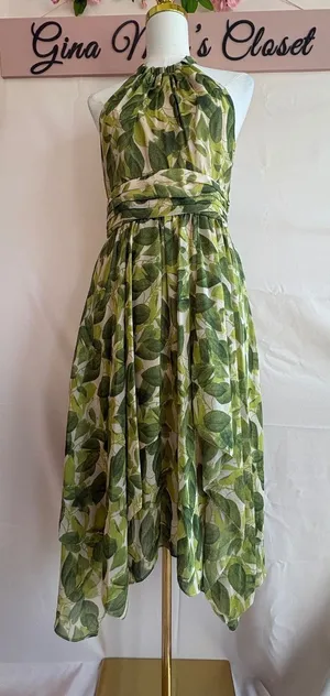 Vince Camuto Women's Green Leaf Print Halter Dress Size 6 thumbnail 1
