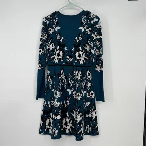 Eliza J Teal Blue Floral Knit Long Sleeve Fit‎ & Flare Sweater Dress Medium thumbnail 2