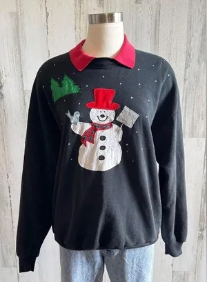 Vintage Snowman Sweatshirt‎ XL Double-Sided Appliqué Winter Christmas kitschy thumbnail 1