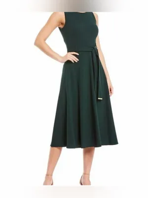 Calvin Klein NWT Sleeveless Belted Fit & Flare Midi Dress in Malachite Green thumbnail 2