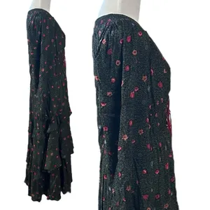 Free People Bohemian Gypsy Tiered Ruffle Maxi Dress Size Medium Witchy Plunge thumbnail 7
