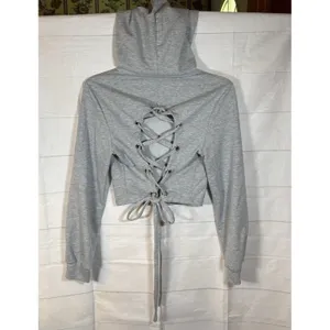 Shein Womens Cropped Hoodie Size Medium Gray Ties on‎ Back Long Sleeve thumbnail 2