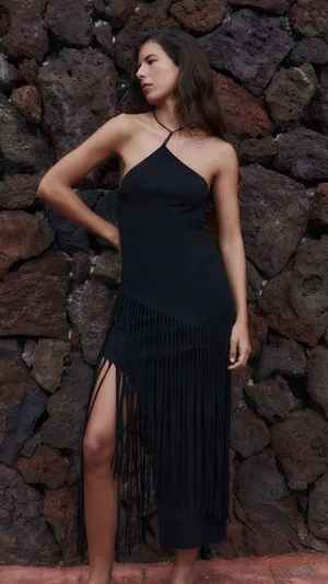 Zara dress ribbed stretchy Black Fringe bohemian summer vacation maxi thumbnail 4