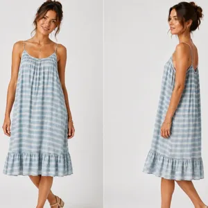 Storia Boho Cottagecore Plaid Ruffle Hem Sundress‎ Women Large Light Blue Cotton thumbnail 2