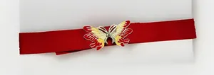 Vintage 80s Gold Tone Butterfly Buckle Red Elastic Stretch Belt thumbnail 1