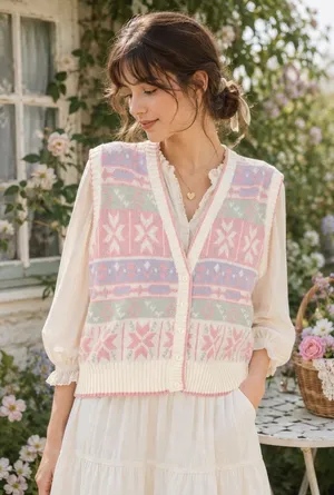 Vtg Jantzen 80s Sweater Womens Vest Sz L Fair Isle Pastel Cottagecore Grandma thumbnail 1