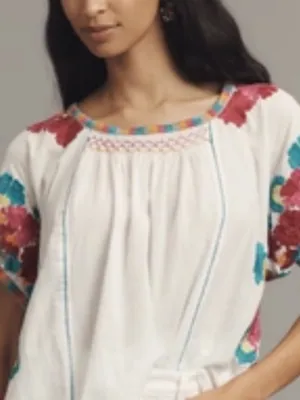 Anthropologie White Peasant Blouse with Pink Teal Yellow Floral Embroidery S NWT thumbnail 2