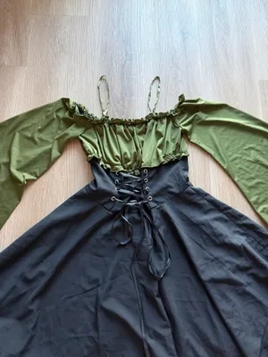 Romwe Olive Green Black Lace Up Bell Sleeve Renaissance Cottagecore Dress Size S thumbnail 2
