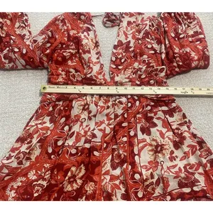 Free People Red Cream Floral V-Neck Long Balloon Sleeve Romper S Rayon thumbnail 11